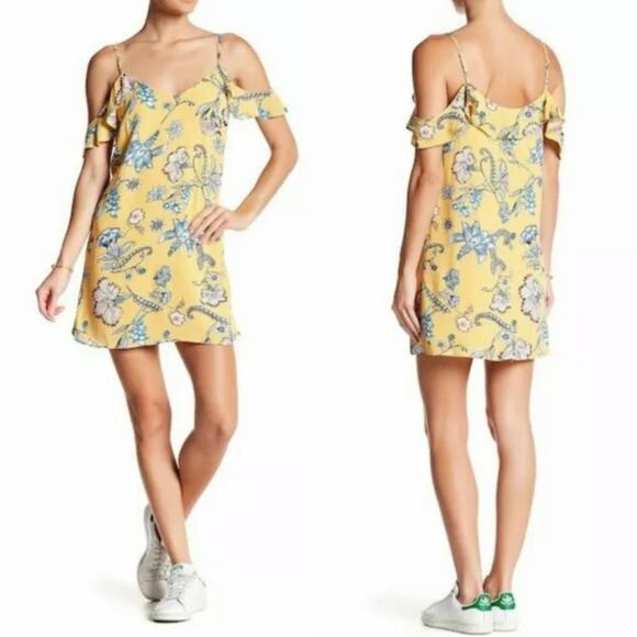 Love, Fire Dress XL Ruffle Strap Yellow Blue Floral Cold Shoulder V Neck Lined - Picture 1 of 11